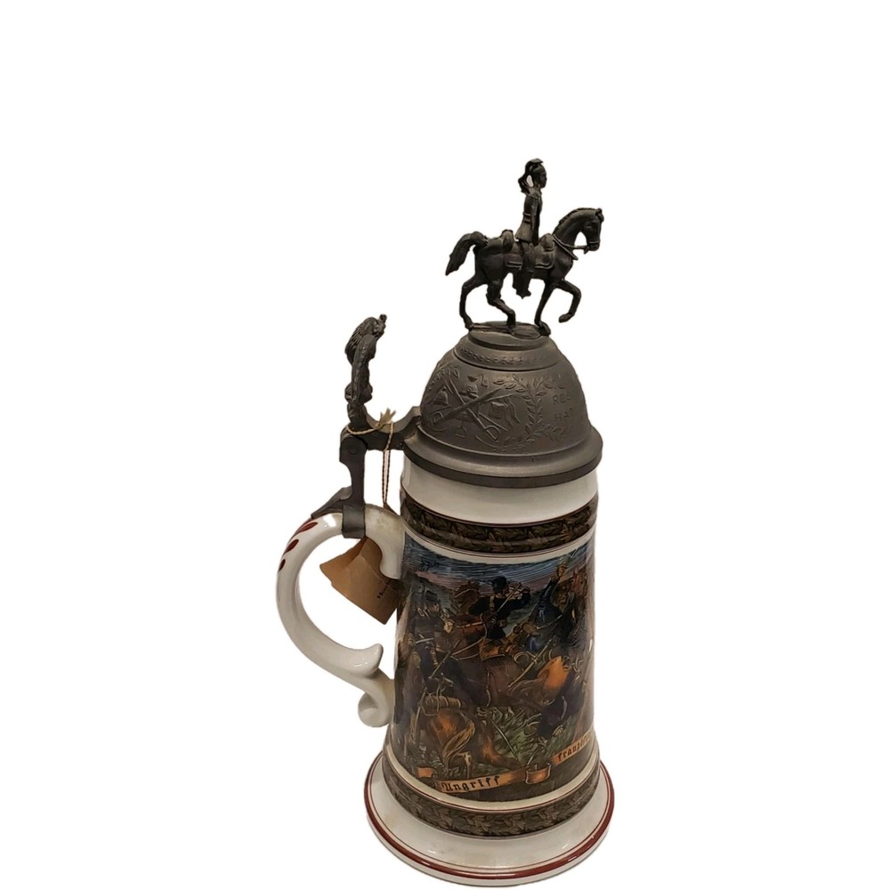 VTG House of Goebel Beer Stein Military Scene Horse Eagle Pewter Lid &Lithophane